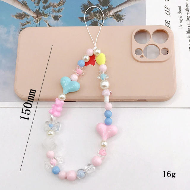 Candy color bead heart short phone chain