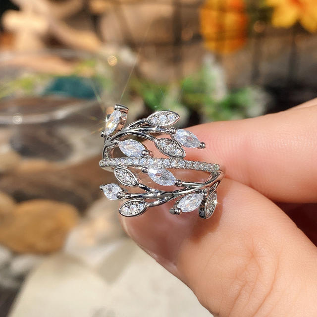 Elegant cubic zircon leaf design copper rings