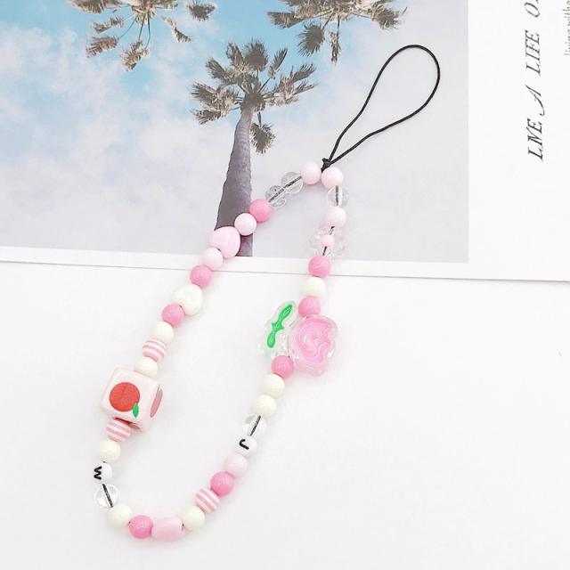 Sweet pink color flower bead short phone chain