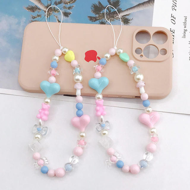 Candy color bead heart short phone chain