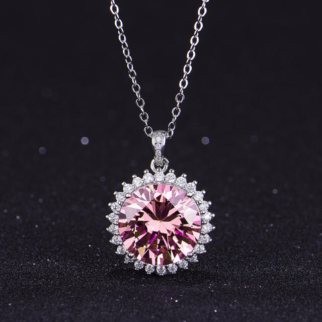 Sweet pink cubic zircon round pendant copper necklace
