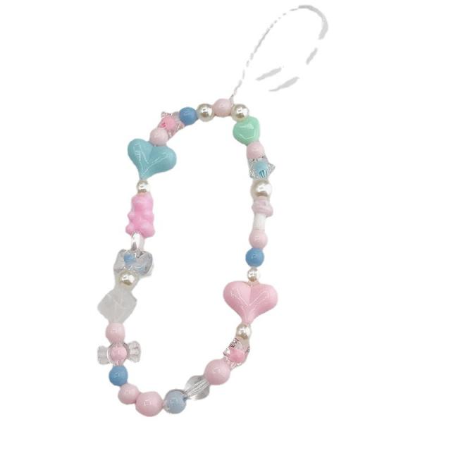 Candy color bead heart short phone chain