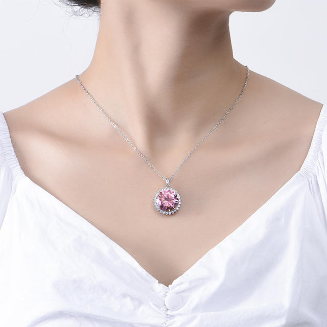 Sweet pink cubic zircon round pendant copper necklace