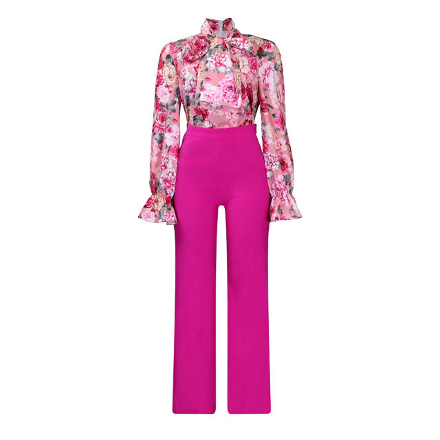 Plus size floral blouse pants set