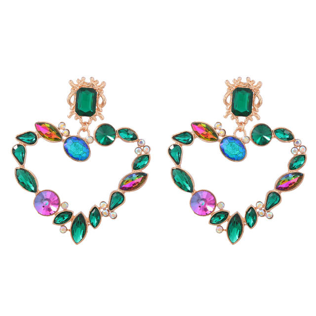 Color glass crystal statement hollow heart earrings