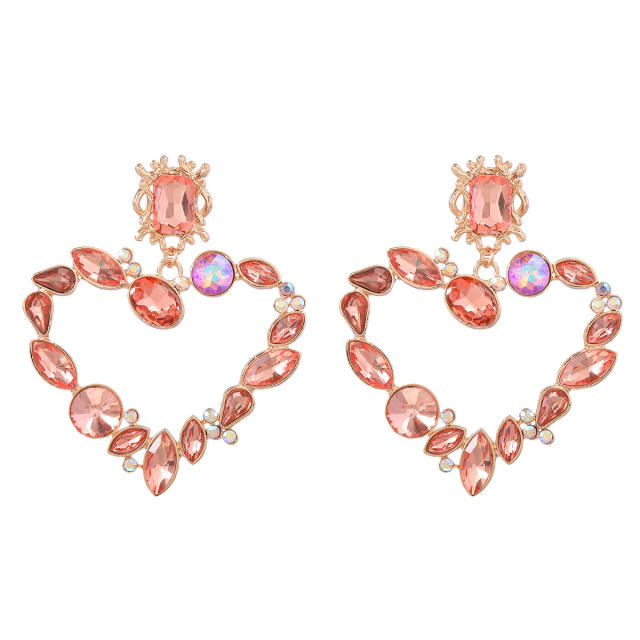Color glass crystal statement hollow heart earrings