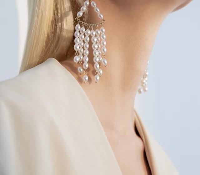 925 needle faux pearl beads tassel dangle earrings