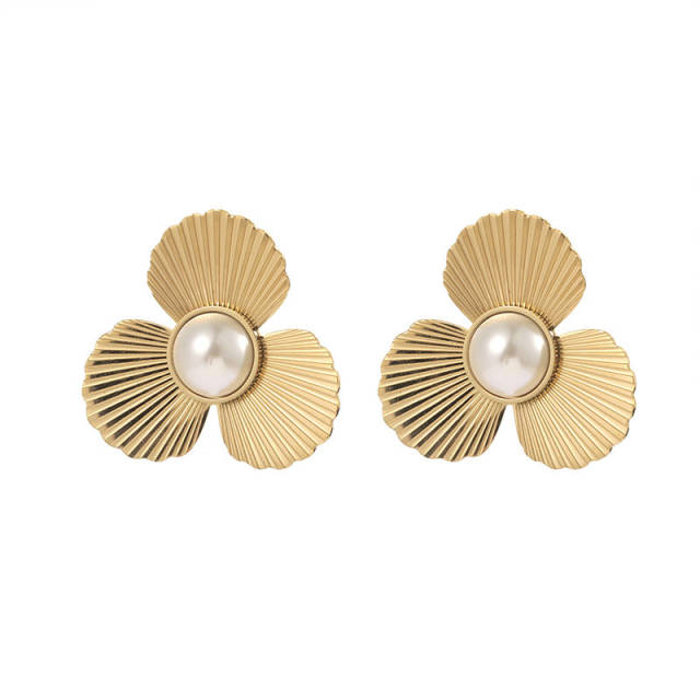 Elegant three petal flower pearl stainless steel earrings