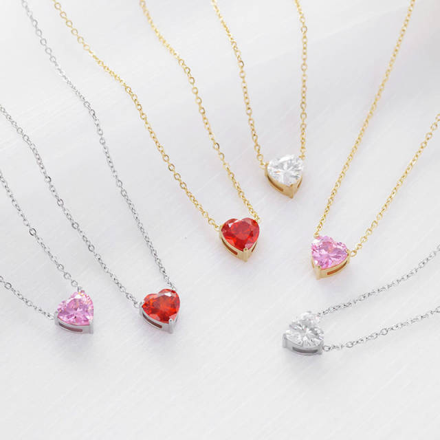 Dainty color cubic zircon heart stainless steel necklace