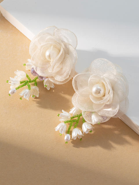 Korean fashion white color organza flower earrings