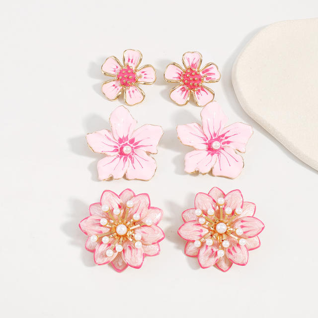 Sweet pink color enamel flower studs earrings collection