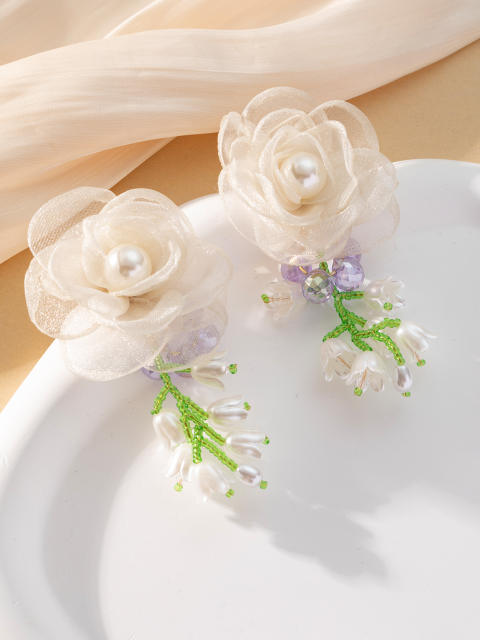 Korean fashion white color organza flower earrings