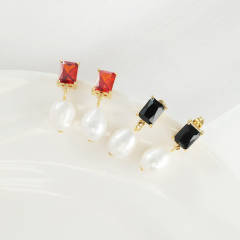 INS trend color cubic zircon pearl drop stainless steel earrings