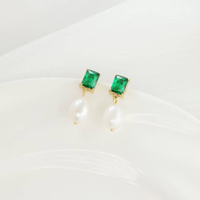 INS trend color cubic zircon pearl drop stainless steel earrings