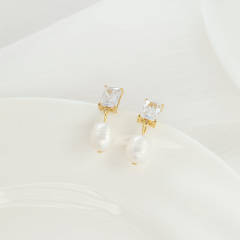 INS trend color cubic zircon pearl drop stainless steel earrings