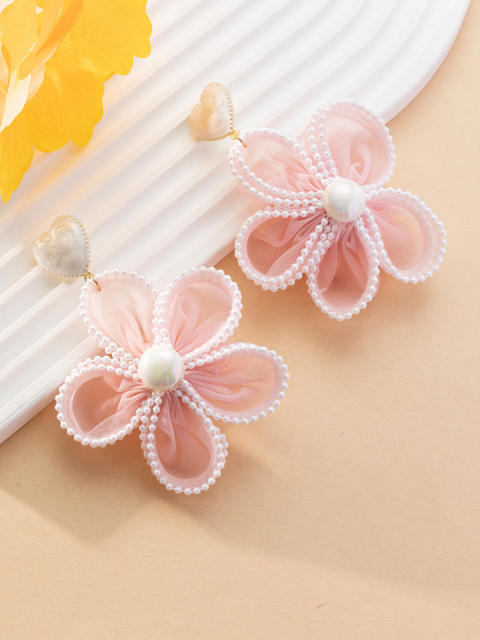 Sweet pink color organza flower dangle earrings