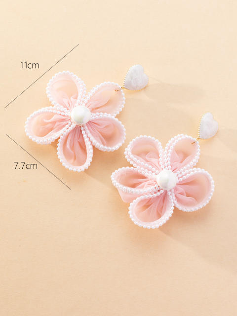 Sweet pink color organza flower dangle earrings