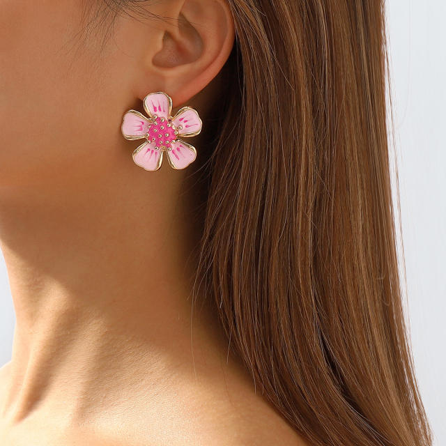 Sweet pink color enamel flower studs earrings collection