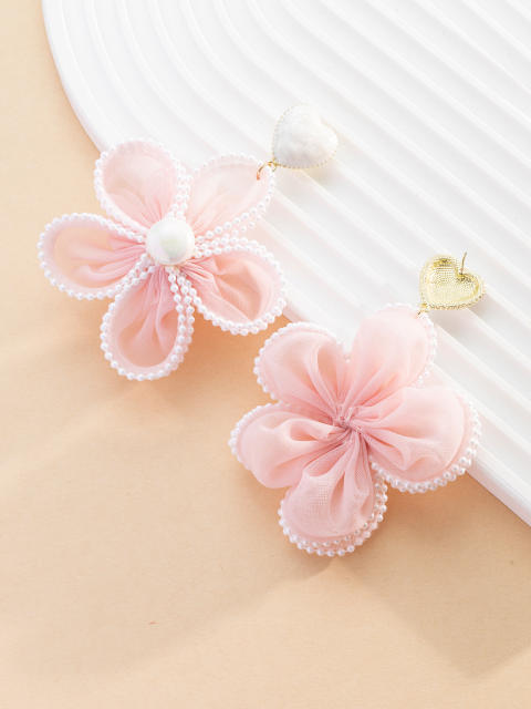 Sweet pink color organza flower dangle earrings