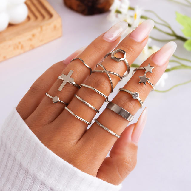 Boho faux pearl beads moon star stackable rings