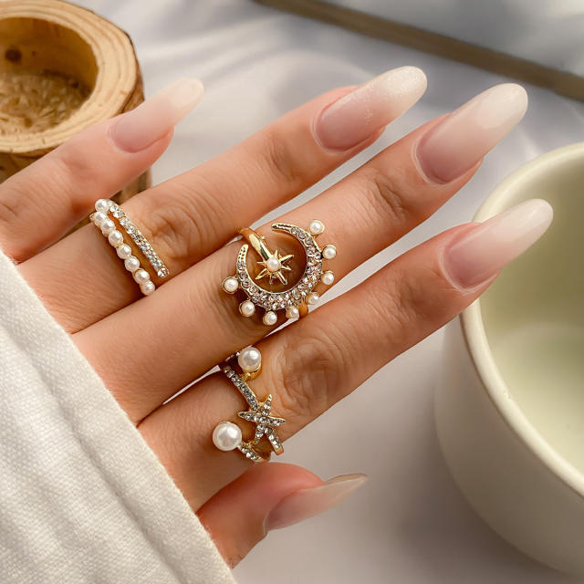 Boho faux pearl beads moon star stackable rings