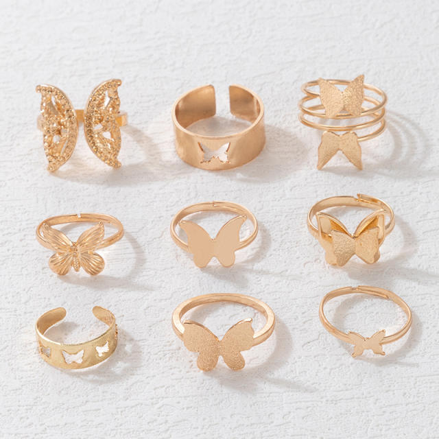 9pcs gold color alloy butterfly stackable rings