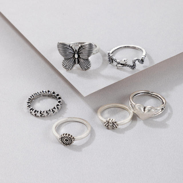 Vintage silver color butterfly stackable rings
