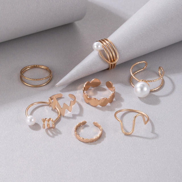 8pcs gold color alloy pearl beads stackable rings