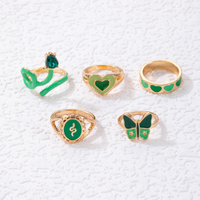 5pcs green color enamel heart stackable rings