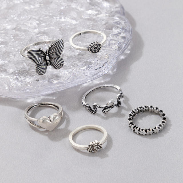 Vintage silver color butterfly stackable rings