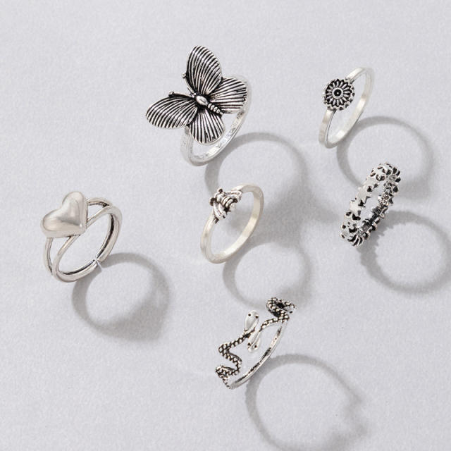 Vintage silver color butterfly stackable rings