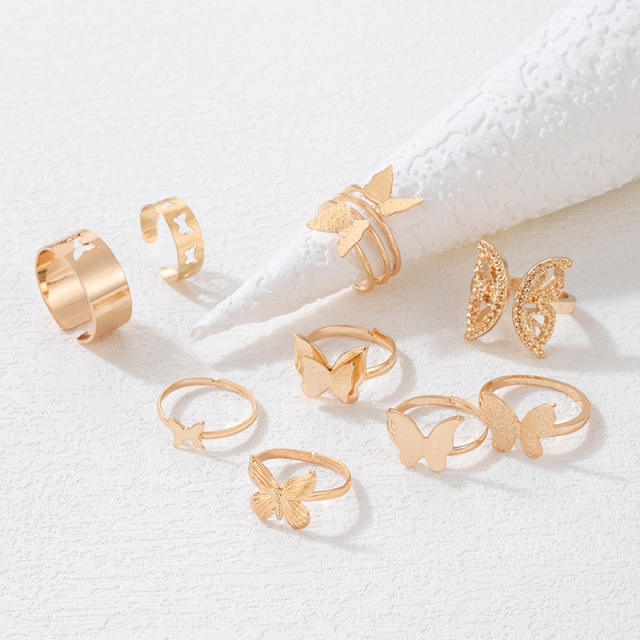 9pcs gold color alloy butterfly stackable rings