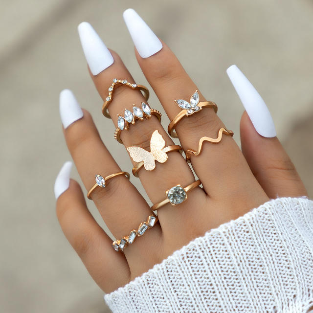 8pcs gold color butterfly rhinestone stackable rings