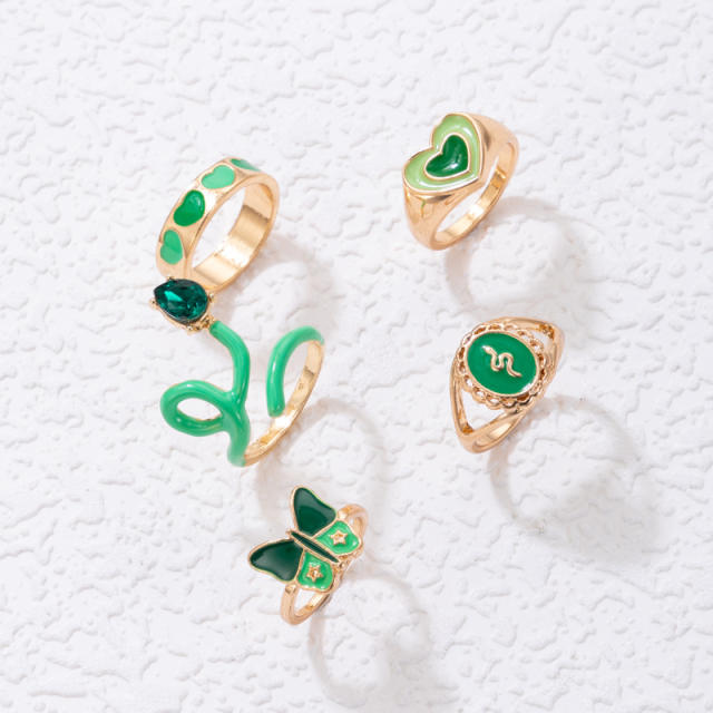 5pcs green color enamel heart stackable rings
