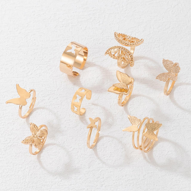 9pcs gold color alloy butterfly stackable rings