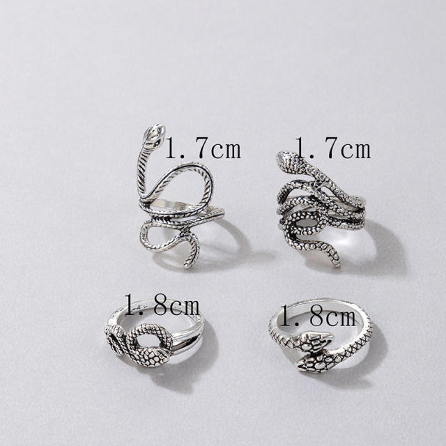 Punk trend silver color 4pcs snake stackable rings