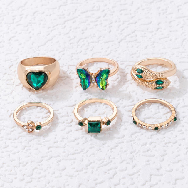 6pcs green color rhinestone butterfly stackable rings