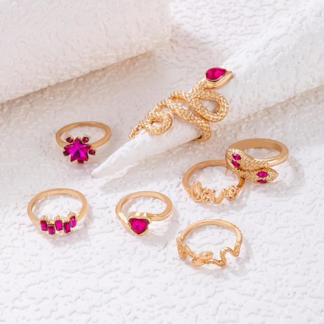 7pcs rose red rhinestone snake stackable rings