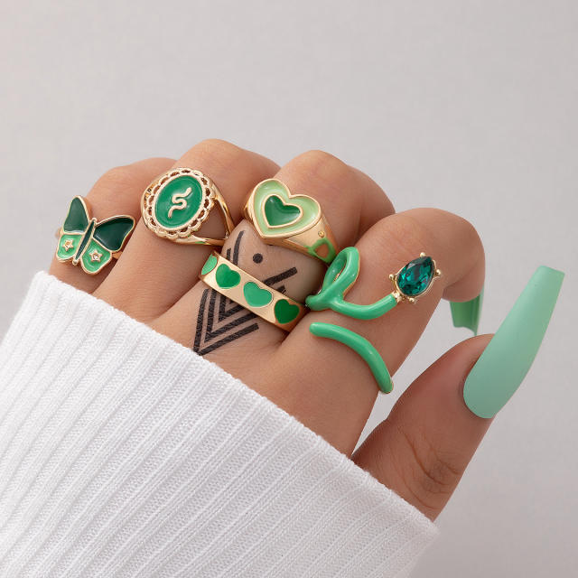 5pcs green color enamel heart stackable rings