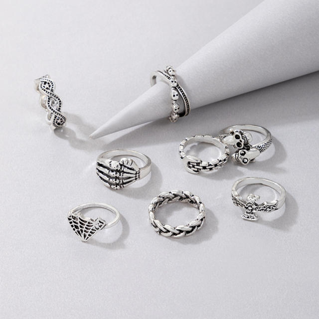 8pcs vintage silver color punk trend stackable rings