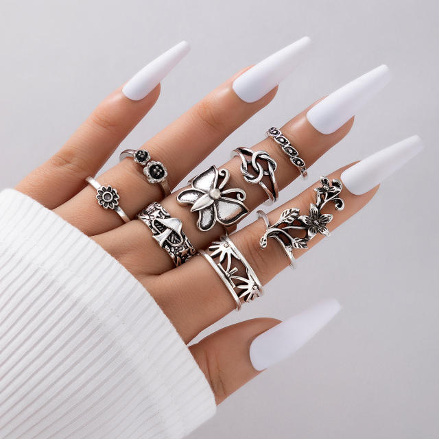 8pcs Vintage silver color butterfly flower stackable rings