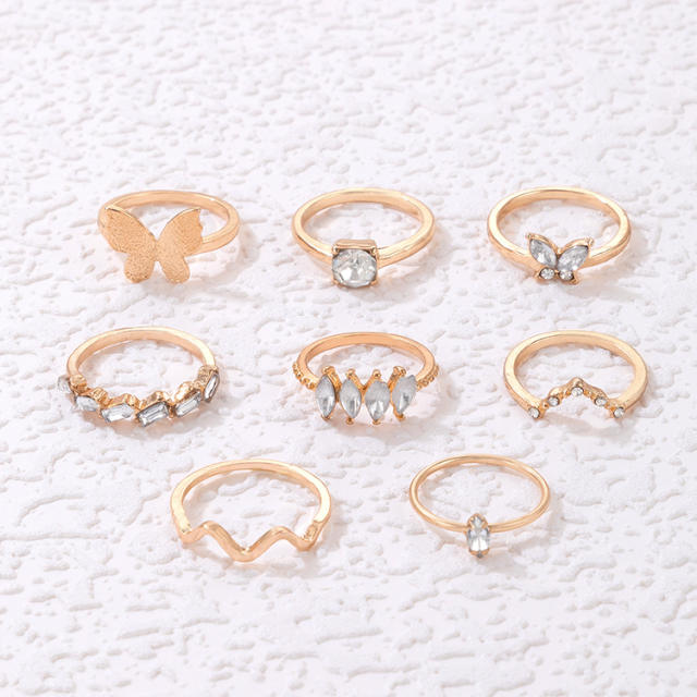 8pcs gold color butterfly rhinestone stackable rings