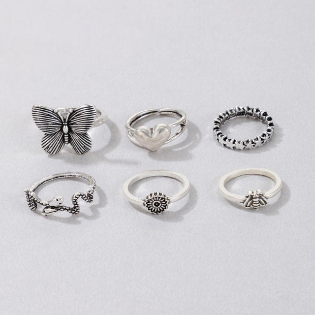 Vintage silver color butterfly stackable rings