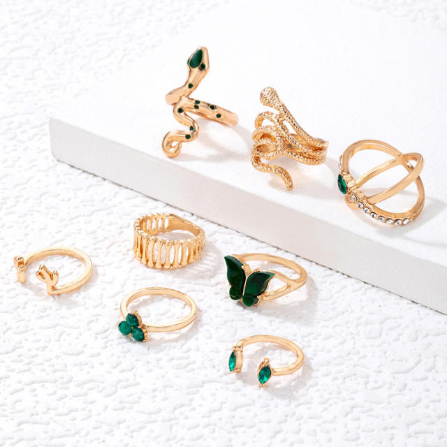 8pcs green color butterfly snake stackable rings