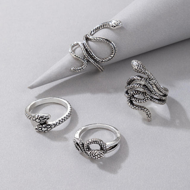 Punk trend silver color 4pcs snake stackable rings