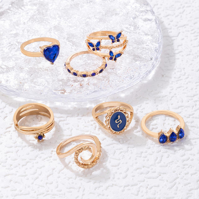 7pcs blue rhinestone stackable rings