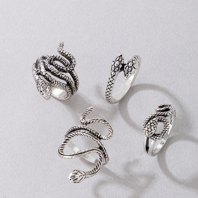 Punk trend silver color 4pcs snake stackable rings