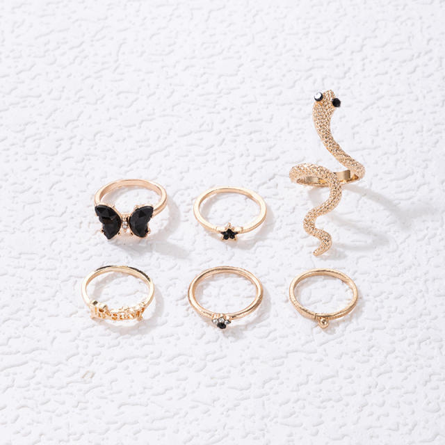 7pcs black butterfly alloy snake stackable rings