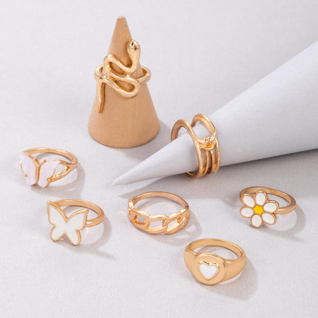 7pcs enamele butterfly flower stackable rings