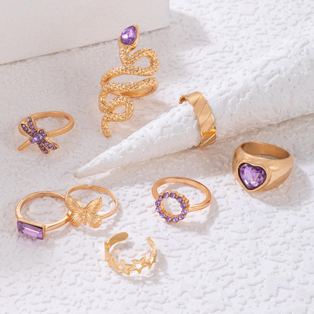 8pcs amethyst rhinestone snake stackable rings